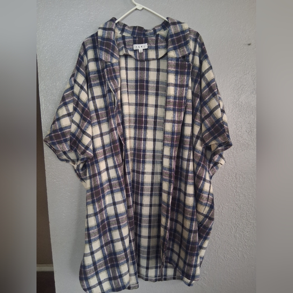 THML Anthropologie Flannel Plaid Oversized Short Sleeve Cardigan Jacket L